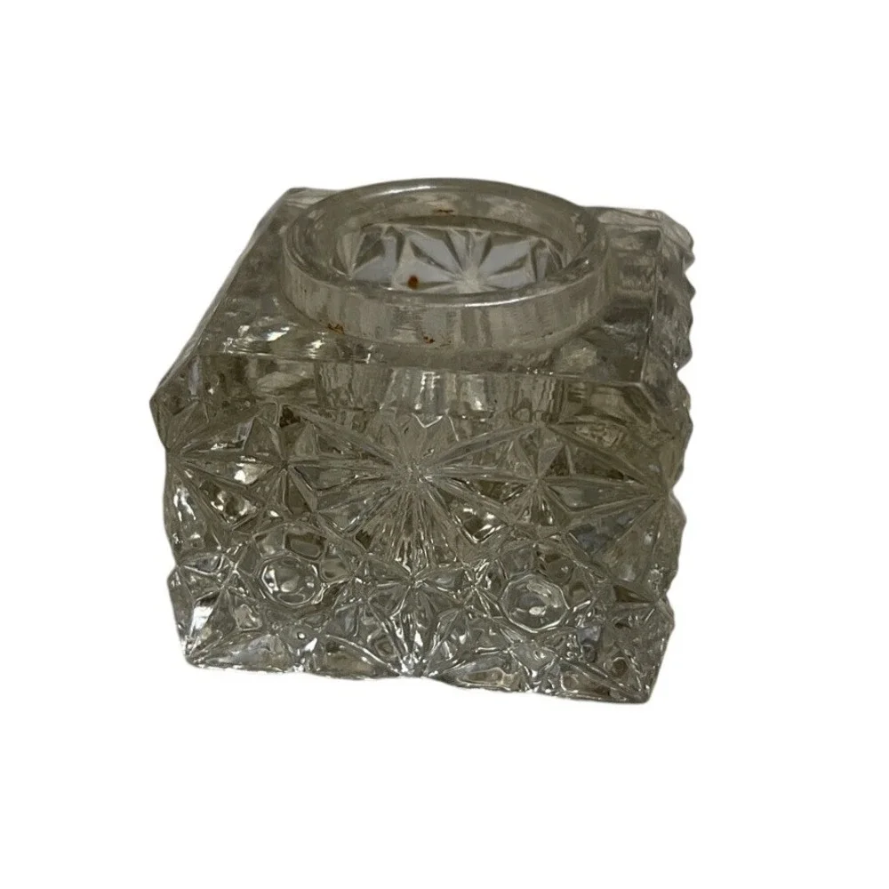 Vintage Cut Glass Square Candle holder Inkwell Starburst Pattern Clear‎ Crystal